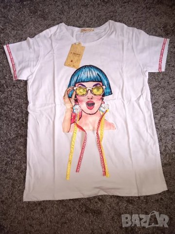 Тениска със капси и ленти в черен,червен,бял,жълт и бледо розов цвят , снимка 4 - Тениски - 25667262