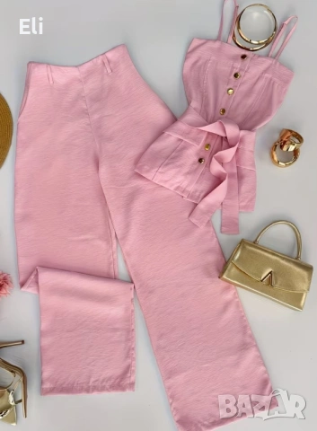 Пролет/Лято Дамски комплект с дълги панталони в едноцветен дизайн с тънки презрамки, снимка 2 - Комплекти - 53607270