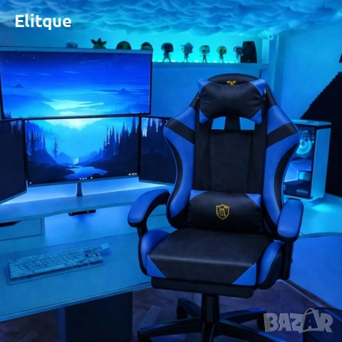 Ергономичен геймърски стол с масажна функция и поставка за крака – черно-син, снимка 5 - Столове - 53442339