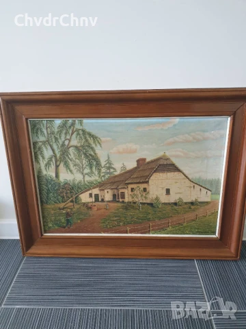 76х56см ферма/голяма картина масло върху платно/къща-хора-кладенец/дървена рамка