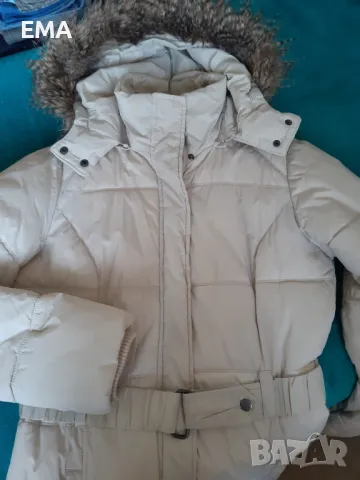 Яке бяло дамско дълго, с качулка с кожа гарнитура-М размер, снимка 3 - Якета - 49778491