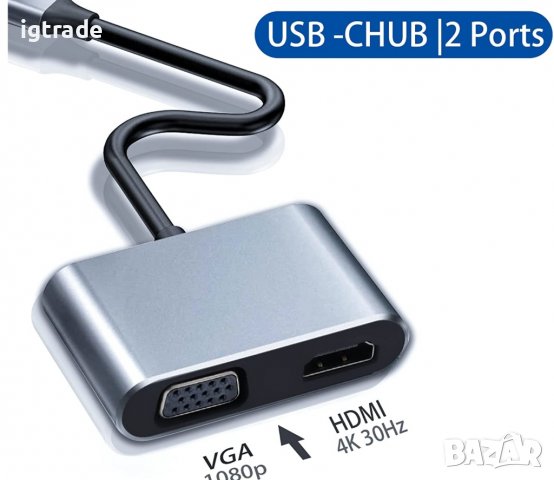 USB C към HDMI VGA адаптер - USB C сплитер - 4K HDMI 1080p VGA, снимка 7 - Други - 39897317