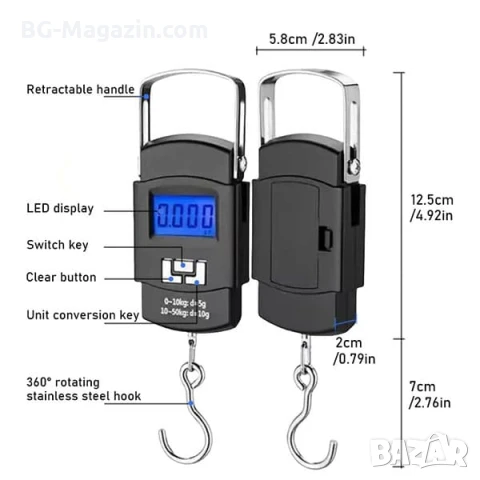 Електронен ръчен дигитален кантар везна за самолетен багаж куфар храна риболов кухненски до 50кг, снимка 3 - Везни - 50921391