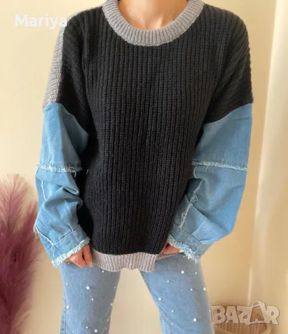 Топли пуловери с ръкав от деним. Син, сив, бежов, черен цвят. С,М,Л,ХЛ, снимка 8 - Блузи с дълъг ръкав и пуловери - 47682174