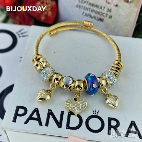 гривна тип pandora със сърца 18 карата златно покритие