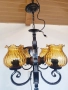 Красив полилей съчетание от дървено колело и елементи на ковано желязо, жълти стъкленици и розетка , снимка 2