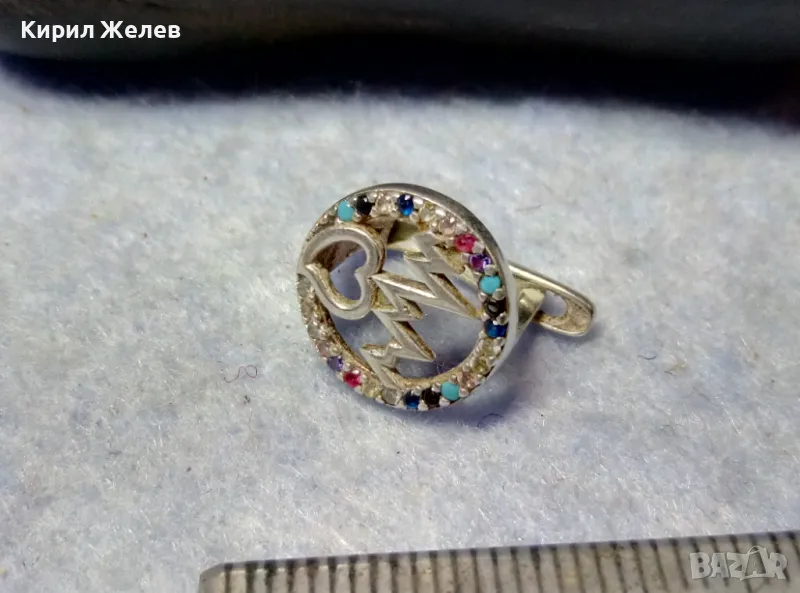 СТАРА СКЪПОЦЕННА СРЕБЪРНА ОБЕЦА СРЕБРО ВИСОКА ПРОБА с РАЗНОЦВЕТНИ ПОЛУСКЪПОЦЕННИ КАМЪНИ 48597, снимка 1