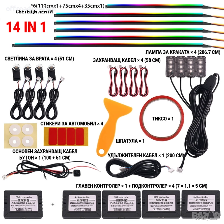RAINBOW LED амбиентно осветление за автомобили с RGB 256 цвята, 14 в 1, снимка 1