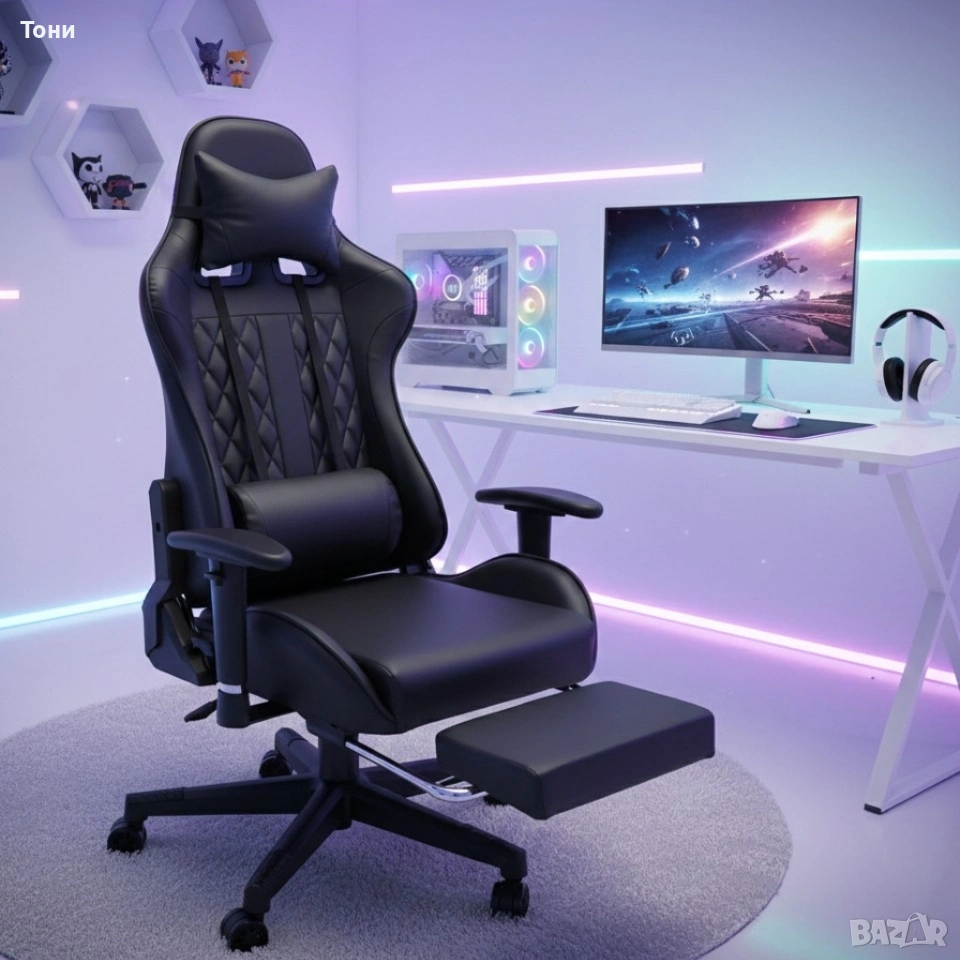 Геймърски стол с прибираща се подложка за крака и функция за масаж - черен, снимка 1