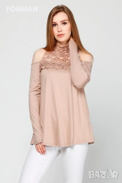 Бежова блуза от еластично трико с дантела , снимка 1