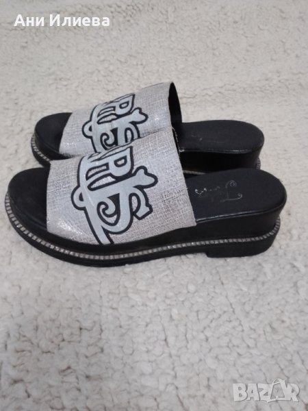 Дамски сребърни чехли естествена кожа, снимка 1