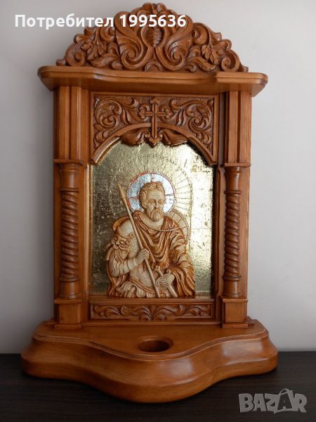 Дърворезба, домашен иконостас с релеф на "Св. Мина ", снимка 1