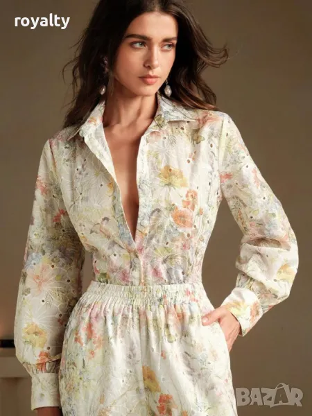 Елегантен комплект с флорални бродерии от тъкан плат 🍋🥥, снимка 1