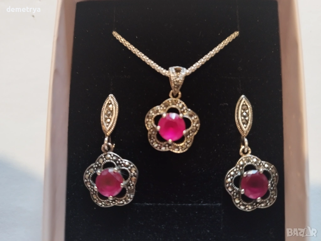 Сребърен комплект с рубин и  марказит, снимка 1