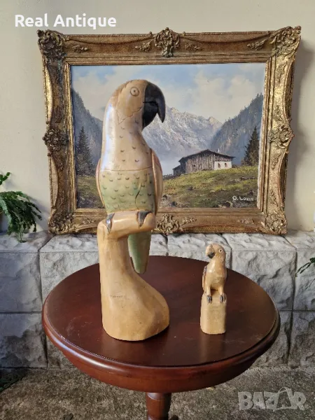 Чифт страхотни антикварни колекционерски дървени фигури статуетки папагали , снимка 1