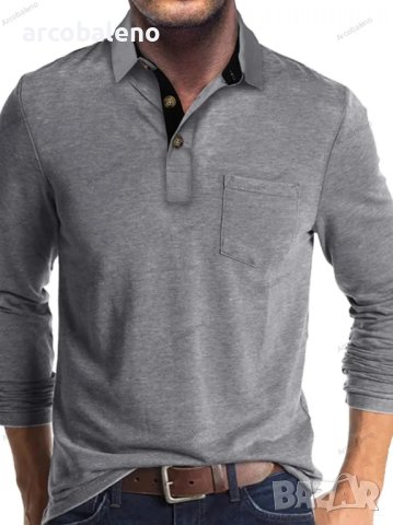 Модна мъжка тениска с дълъг ръкав и ревер, 6цвята - 024, снимка 4 - Тениски - 43628815