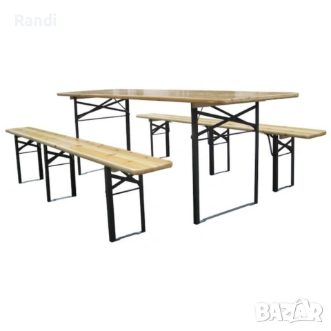 Сгъваем комплект градинска маса с 2 пейки - От чамово дърво, с отвор за чадър, снимка 2 - Маси - 53503065