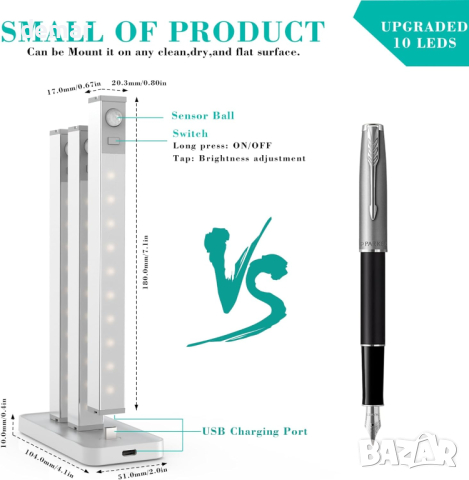 Кухненско осветление под шкафа, 3 броя акумулаторни лампи със сензор за движение, снимка 4 - Лед осветление - 44900515