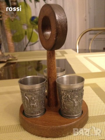 Нов! Старинен немски комплект за ракия калай дърво, чаши чаша, снимка 2 - Сервизи - 43064466
