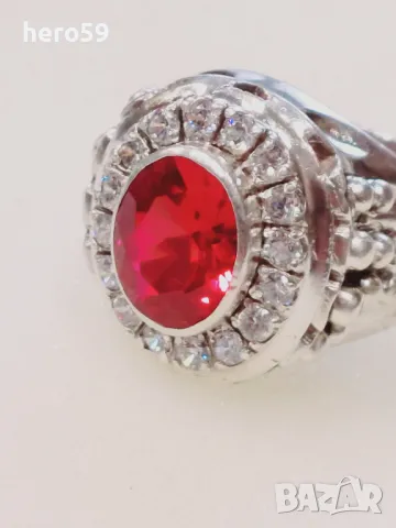Огромен мъжки сребърен пръстен с рубин и циркони(фараон), снимка 18 - Пръстени - 48462715