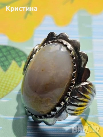 Старинен сребърен пръстен с Ахат, снимка 5 - Пръстени - 51962580