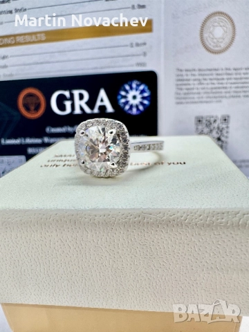 Сребърен пръстен с мойсанит (Диамант) 2 карата, снимка 10 - Пръстени - 52755515