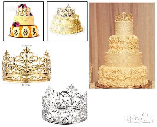 Корона Тиара метална за украса декор на торта парти сребрист златист меден цвят