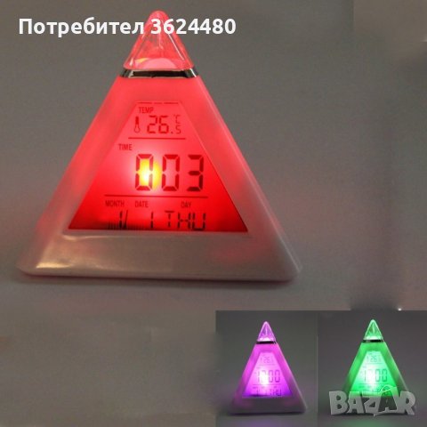 Светещ в 7 цвята led часовник пирамида, снимка 4 - Други - 39932058