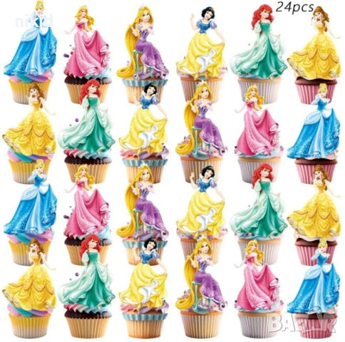 Принцеси Дисни Ариел Рапунцел Белл  Пепеляшка Аврора къси картонени топери топер за торта мъфини, снимка 3 - Други - 50704833