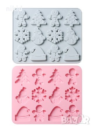 Коледни с Джинджифилово човече елха снежен човек снежинка силиконов молд форма калъп фондан шоколад, снимка 2 - Форми - 33399789