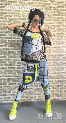 Страхотен дамски сет потури и блуза дънкови с леопардово в уникален стил!, снимка 3 - Комплекти - 50144849