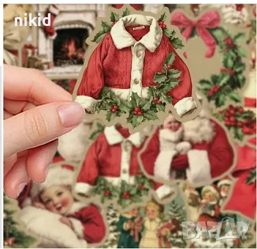 50 бр Ретро Дядо Коледа Коледни самозалепващи лепенки стикери за украса декор картонена торта ръчна , снимка 2 - Други - 47442734