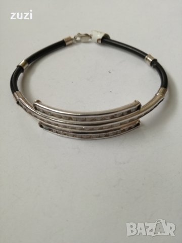 Дамска гривна с кожа, сребро и цирконий. Сребро проба 925 , снимка 3 - Гривни - 38301649