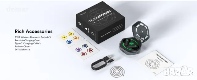 Безжични слушалки ANCwear с Bluetooth 5.3 с емблема на паяк,стикери,HiFi стерео звук,тип C зареждане, снимка 2 - Безжични слушалки - 48239625