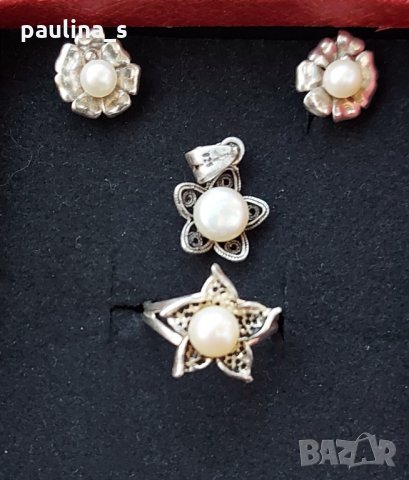 Сребърен комплект с перли / Сребърни обеци, висулка и пръстен / проба 925 , снимка 3 - Бижутерийни комплекти - 32661243
