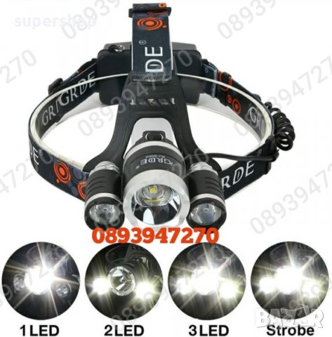 Мощен LED фенер - челник за глава с акумулаторни батерии и 3 LED диода, снимка 2 - Екипировка - 39300848