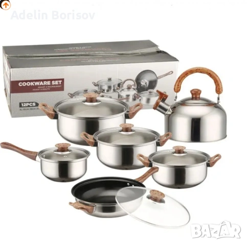 Комплект от 12 части за всяка кухня. 3бр тенджери, тиган, касерола и чайник и капаци, снимка 3 - Съдове за готвене - 53592353
