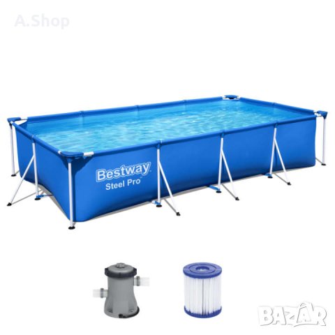 Комплект басейн Steel Pro™ Frame, правоъгълен , с филтърна помпа 400 x 211 x 81 см сглобяем басейн, снимка 1 - Басейни и аксесоари - 43717470