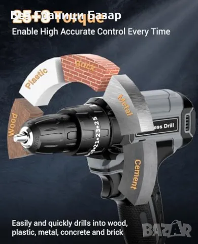 Нов Акумулаторен винтоверт 21V, 42N.m, 2 батерии, 14 части комплект, снимка 2 - Винтоверти - 47367909