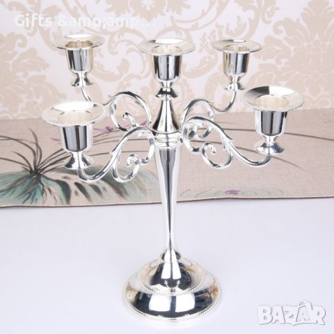Метален свещик за три или за пет свещи в сребърно, снимка 1 - Декорация за дома - 42956534