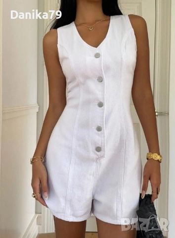 Дамски бял дънков летен гащеризон