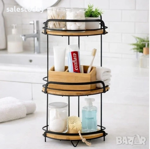 Eтажерка за баня, Ъглов стелаж с бамбукови рафтове, 3 рафта, 63см, снимка 2 - Други - 28411550