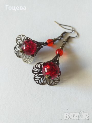 Разкошните обици Магнолия в рубинено червено с прекрасно цвете в цвят Античен бронз , снимка 2 - Обеци - 33664629