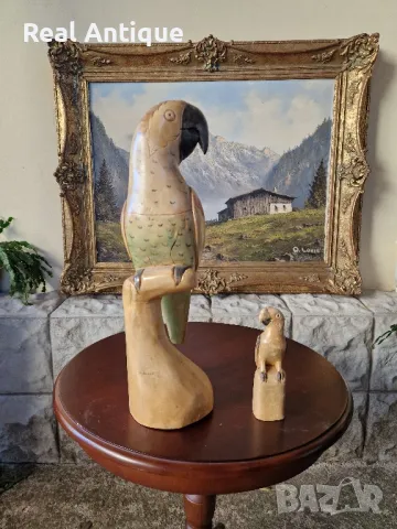 Чифт страхотни антикварни колекционерски дървени фигури статуетки папагали , снимка 1