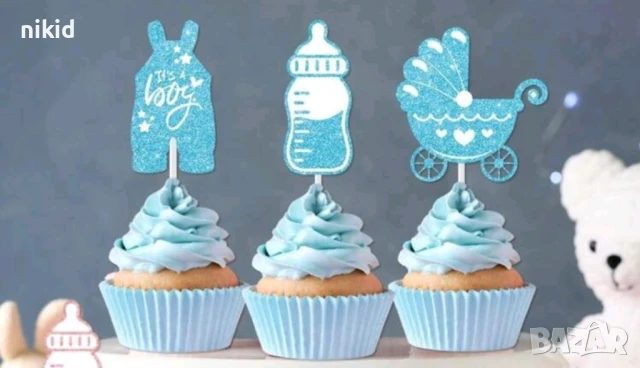 12 бр boy girl брокатени топери за декори за мъфини кексчета парти бебешки gender party бебе, снимка 3 - Други - 51135093