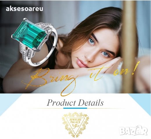 Пръстен със смарагдов зелен син 925 сребърен посребрен пръстен за за жени годежен за момичета скъпоц, снимка 11 - Пръстени - 26539464