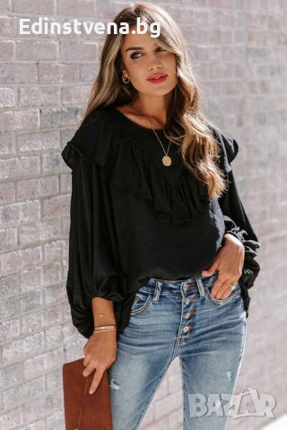 Дамска блуза в черно с дълъг ръкав и къдрички, снимка 3 - Блузи с дълъг ръкав и пуловери - 40698207