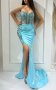 Бална рокля тип русалка с 3 Д апликация в синьо