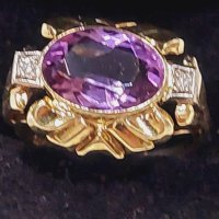 Златен пръстен с аметист и два брилянта-злато 14к., снимка 1 - Пръстени - 43553709
