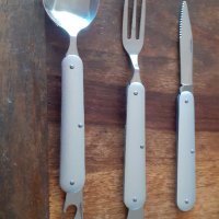 вилица лъжица и нож къмпинг комплект метални нови в черна торбичка, стомана и алуминий, снимка 2 - Прибори за хранене, готвене и сервиране - 37407929